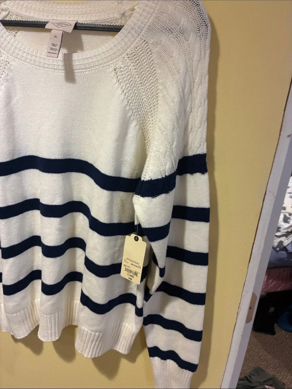 NWT St. John's Bay Cream Cable Knit Crewneck Sweater Navy Stripes Sz XL